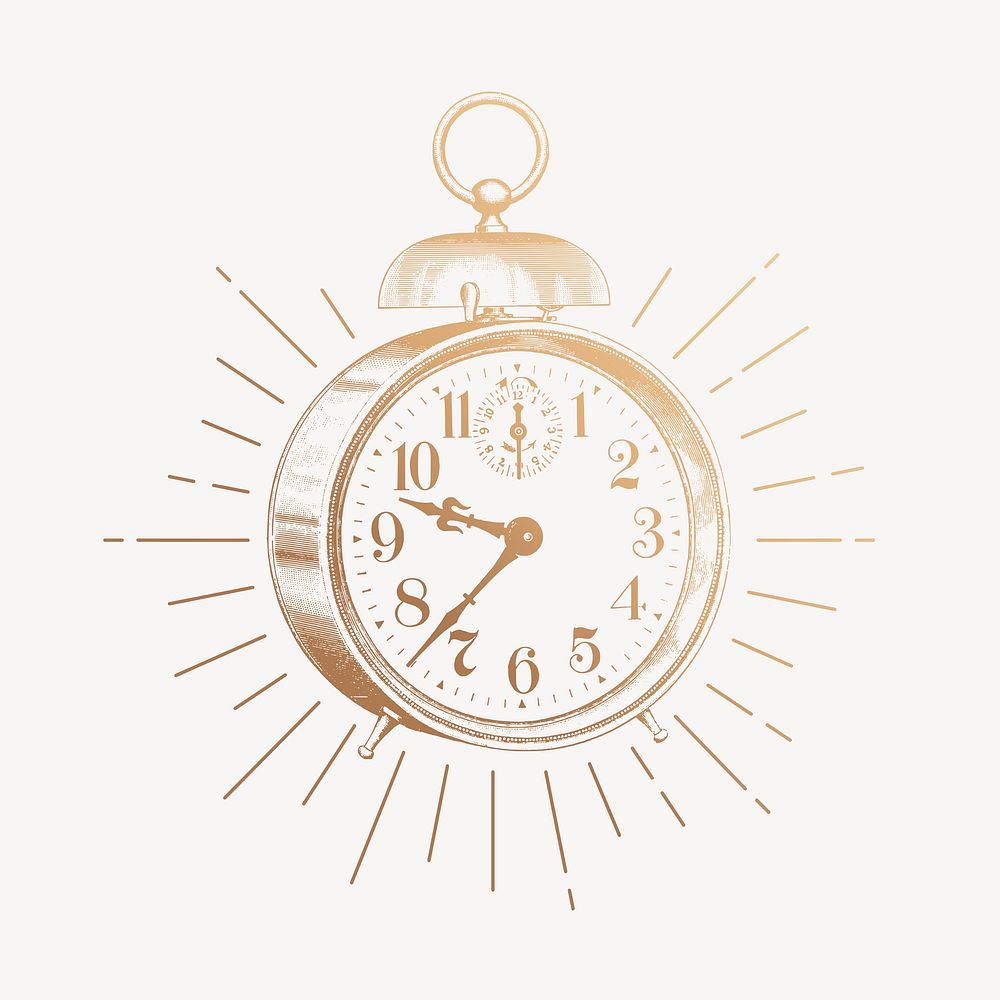 Gold alarm clock drawing, vintage object illustration psd