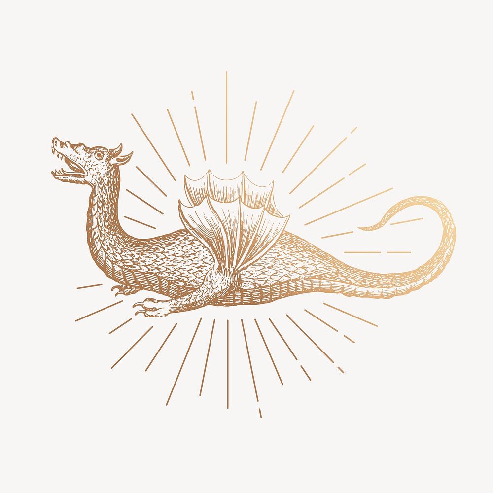 Gold dragon clipart, vintage mythical creature drawing vector