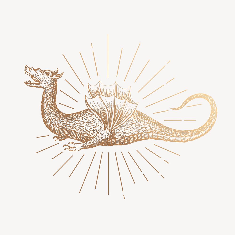 Gold dragon drawing, vintage mythical creature illustration psd