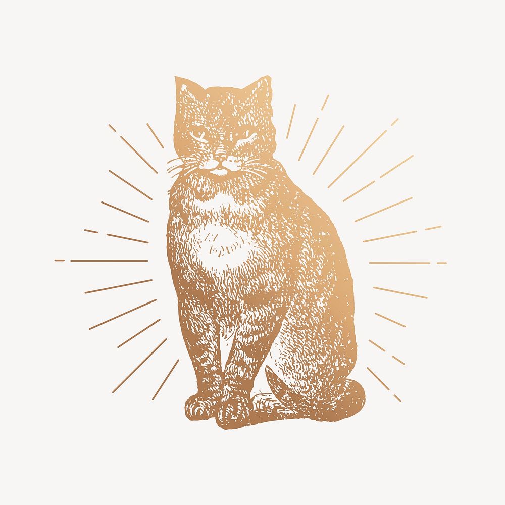 Gold cat drawing, vintage pet illustration psd