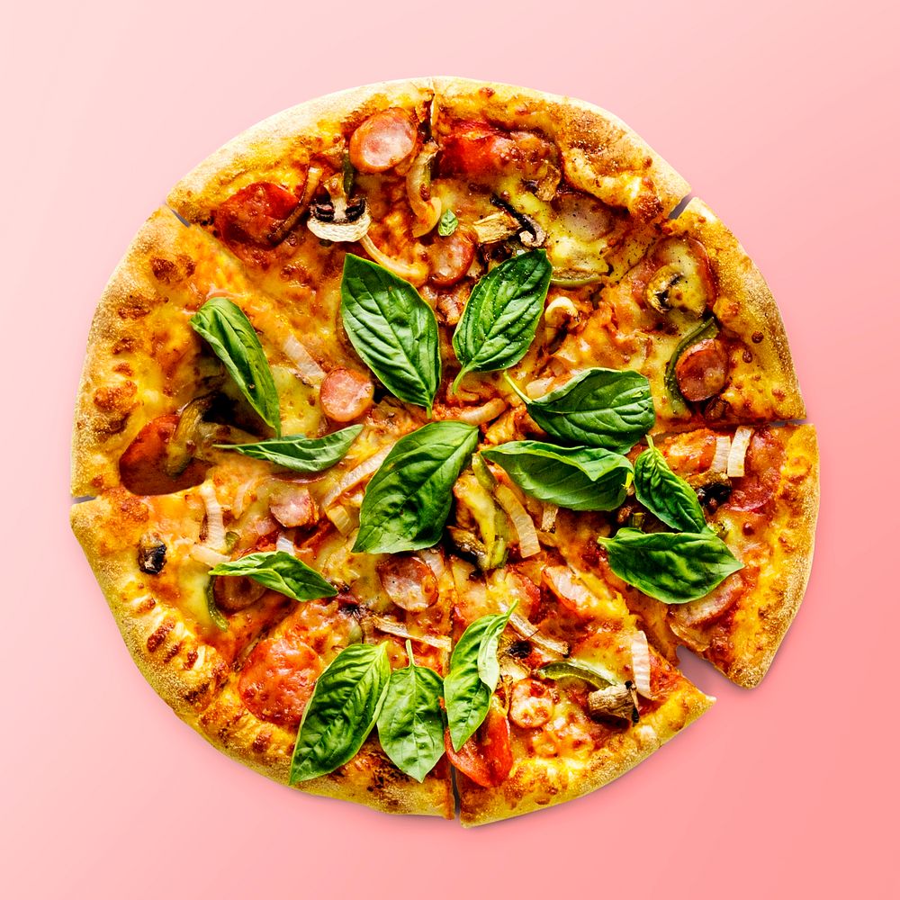 Pizza on pink background, food photography