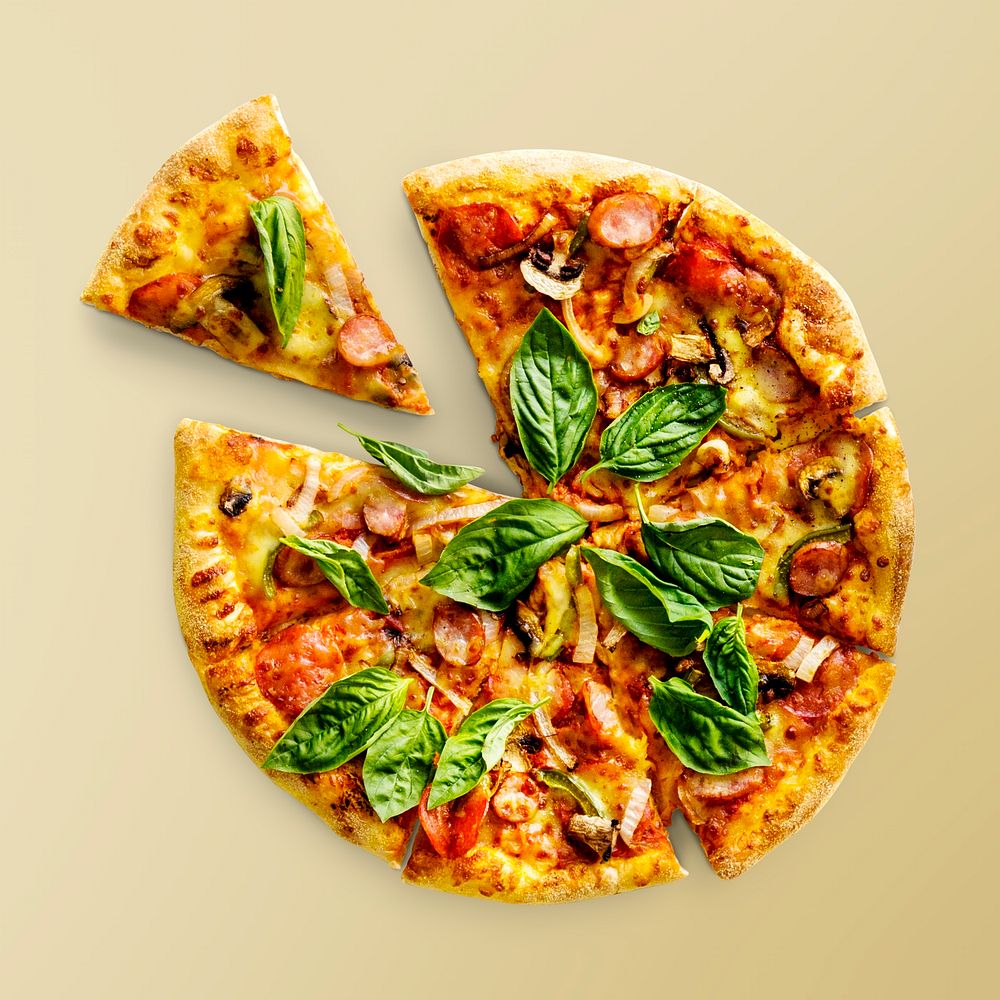Pizza on beige background, food photography, flat lay style