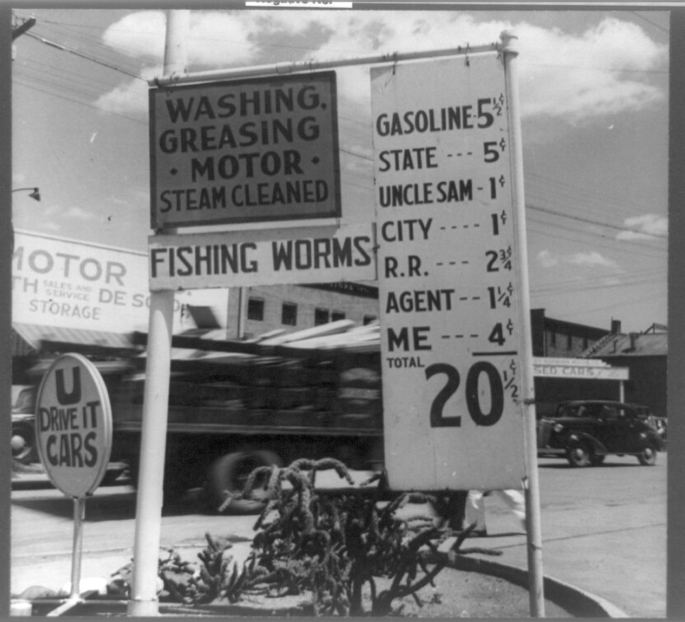 Santa Fe, New Mexico. Gas station price analysis. Sourced from the Library of Congress.