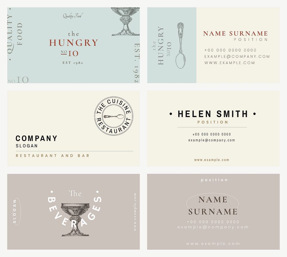 Vintage business card template vector for restaurant set, remixed from public domain artworks