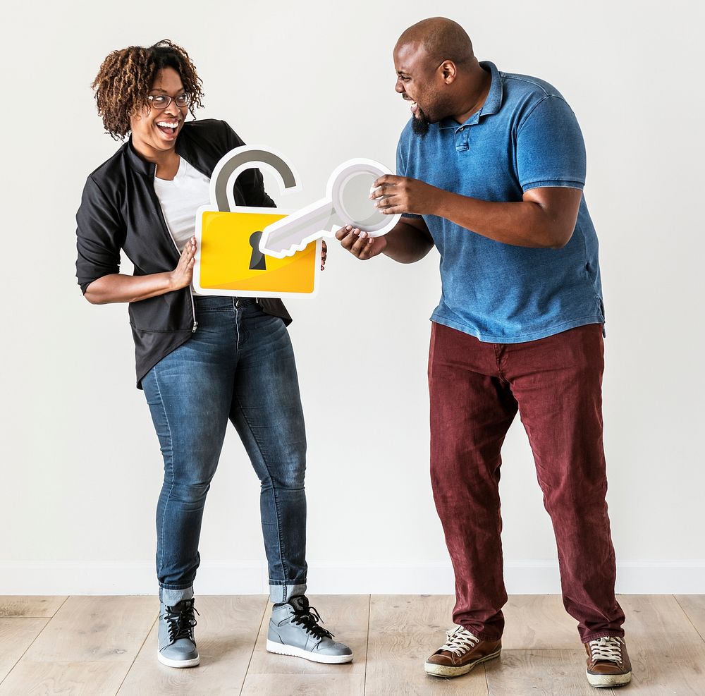Black couple with security lock and key