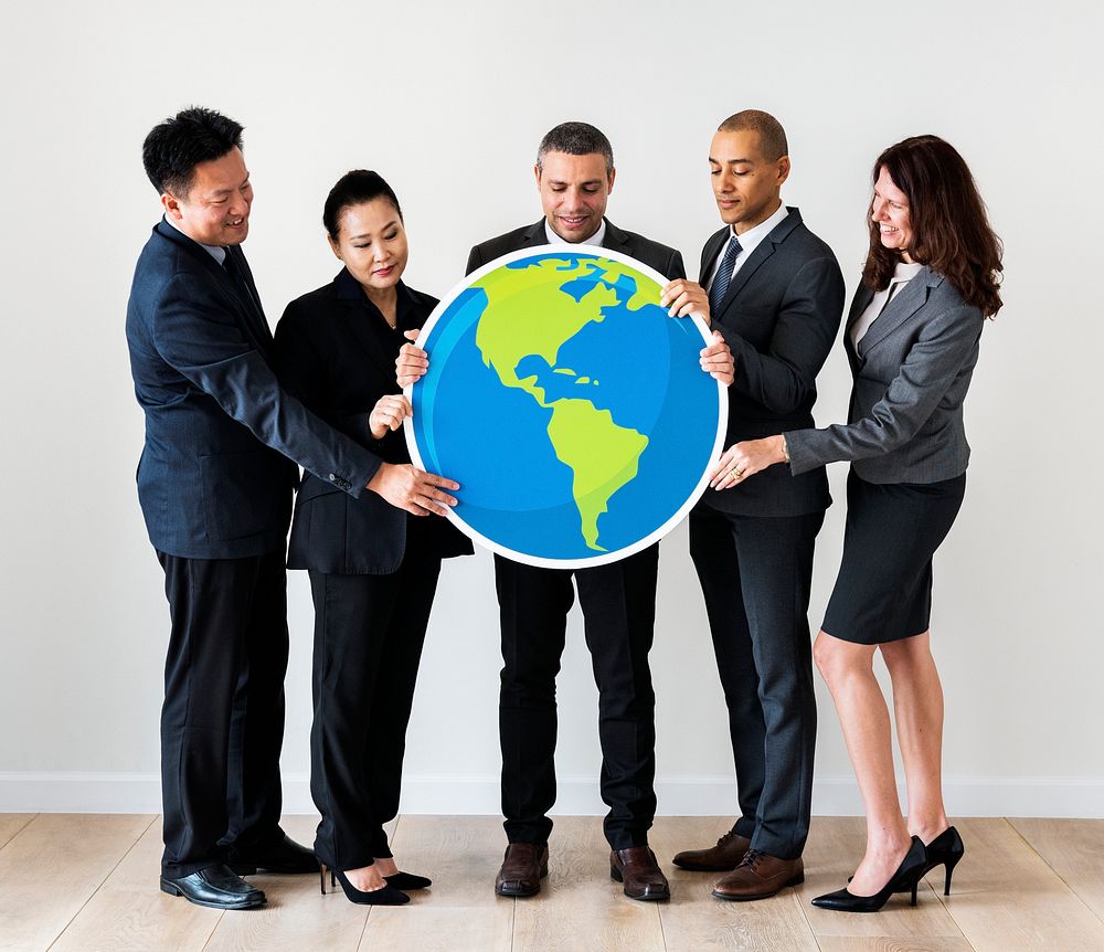 Business people standing and holding globe icon