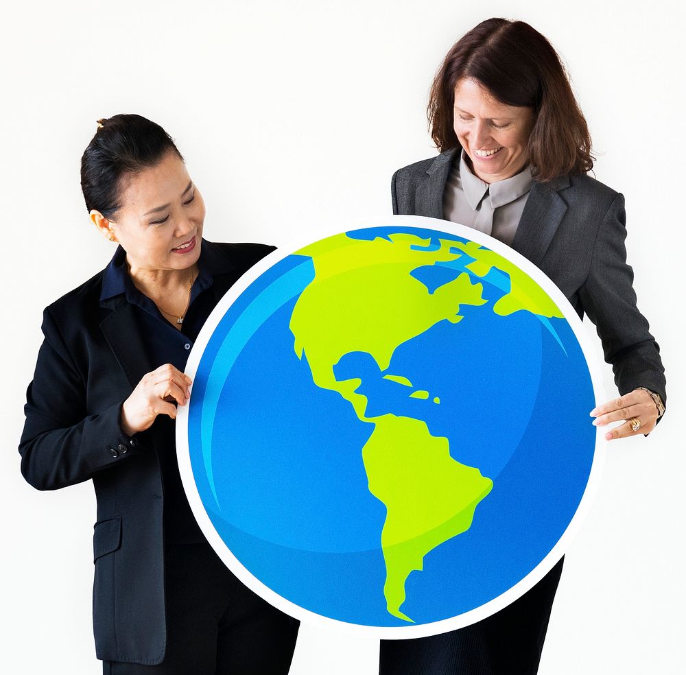 Businesswomen holding globe icon