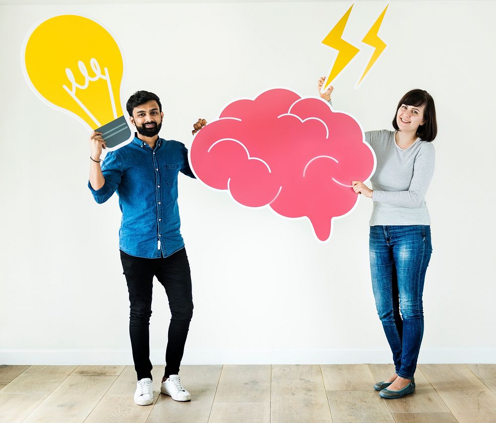 Couple holding brain and light bulb icon innovation and idea concept