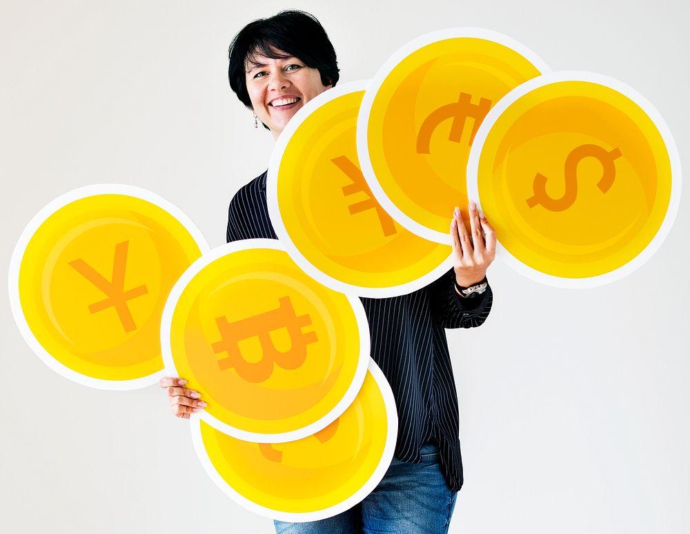 Woman carrying different currency coin icons