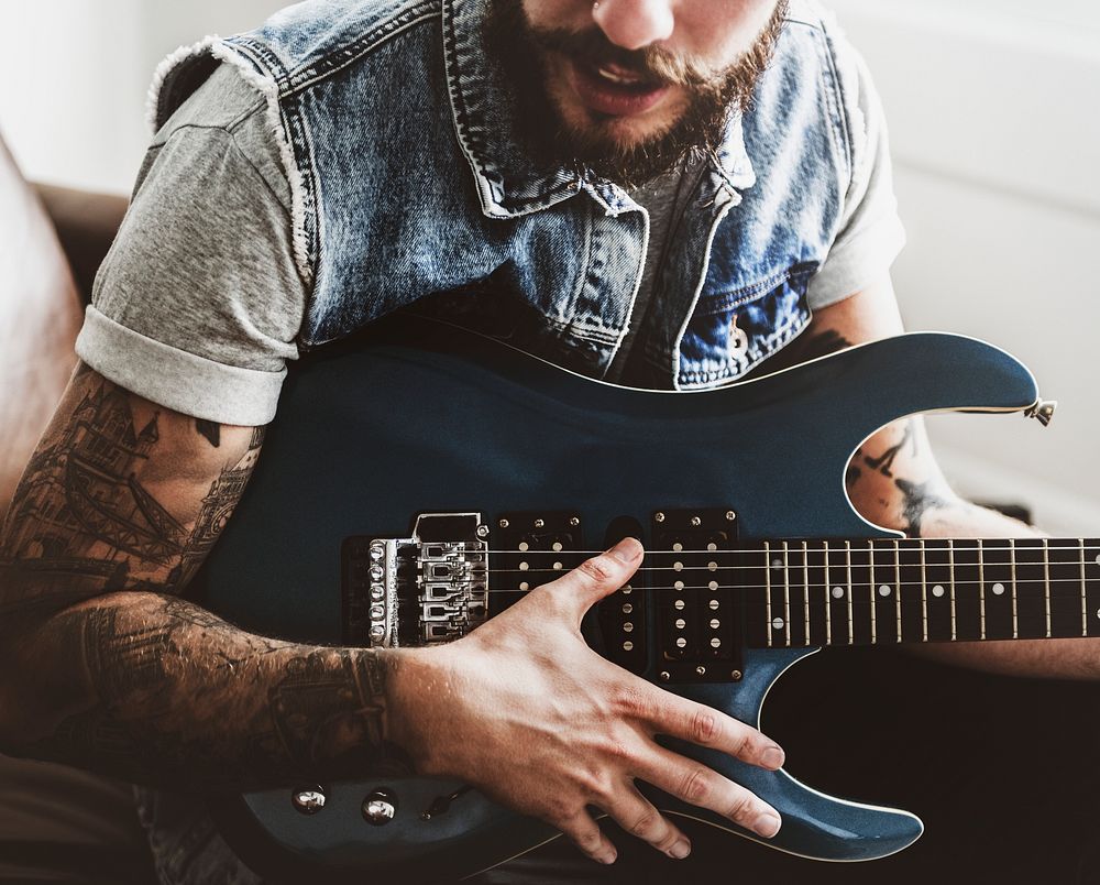 Rock guitarist in a studio