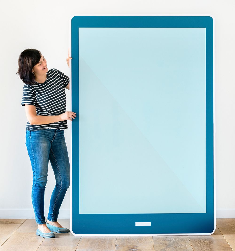 Woman holding a blue tablet mockup