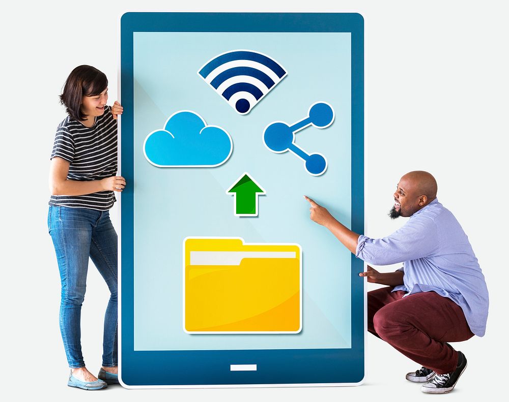 Diverse couple holding a tablet with graphics