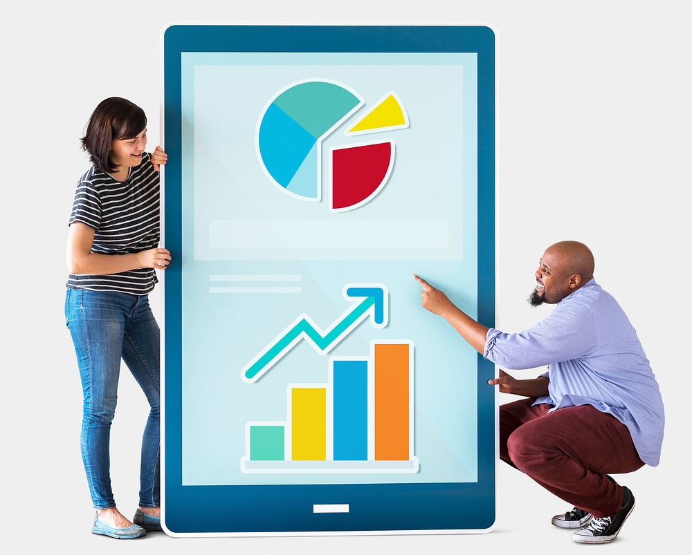 Diverse couple of people holding a tablet