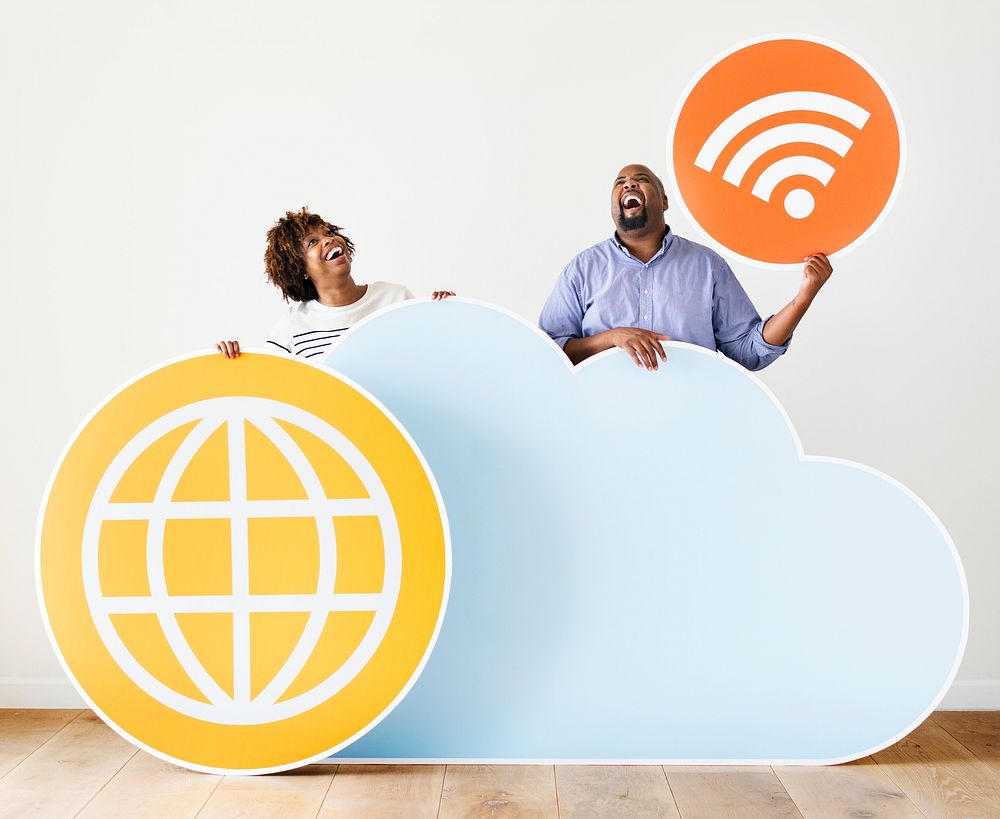 Happy people with cloud and technology icons