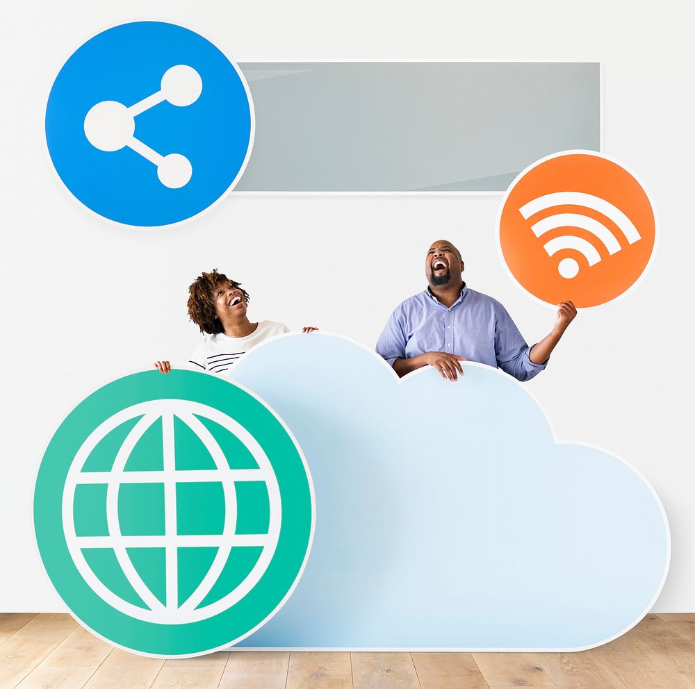 Happy people with cloud and technology icons