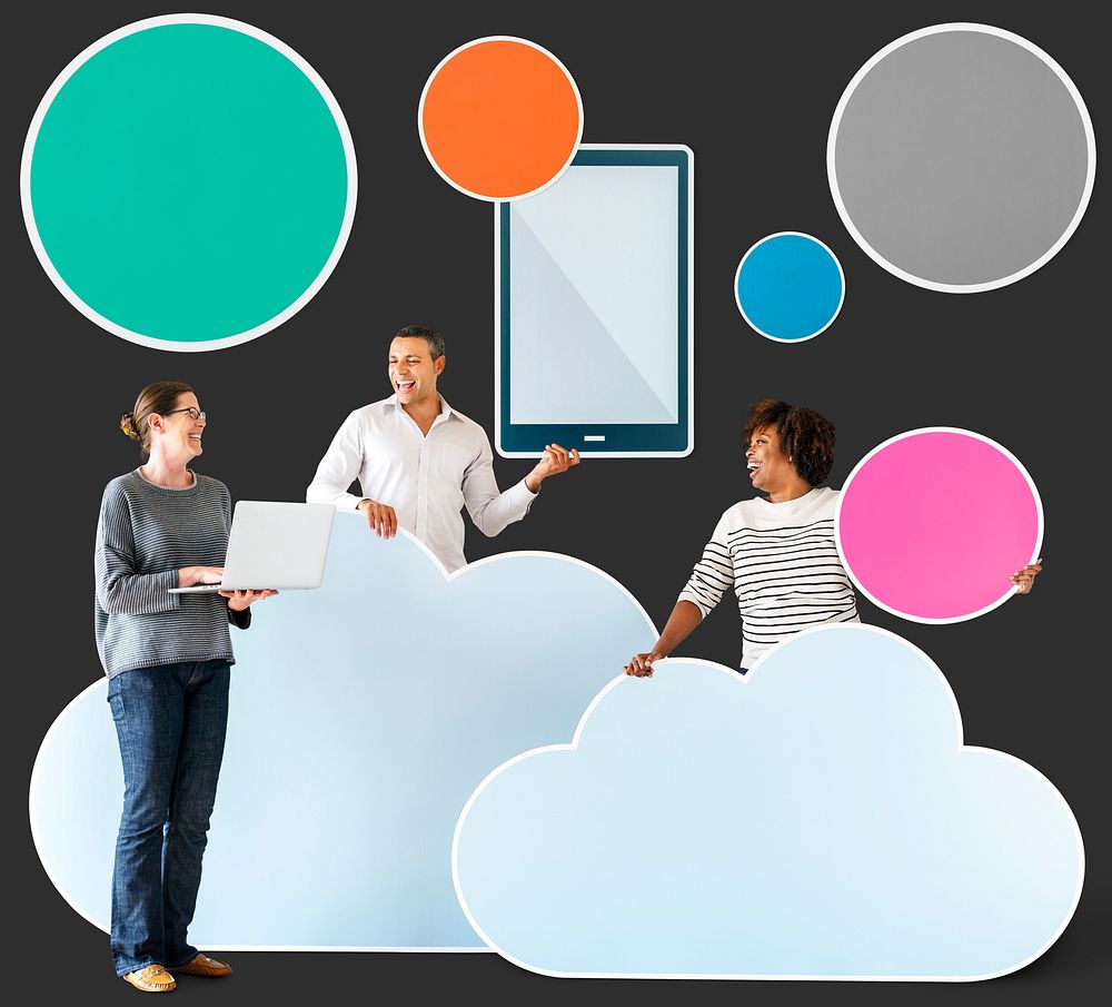 Happy people with cloud and technology icons