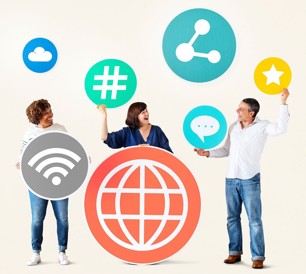 Diverse people with social media icons