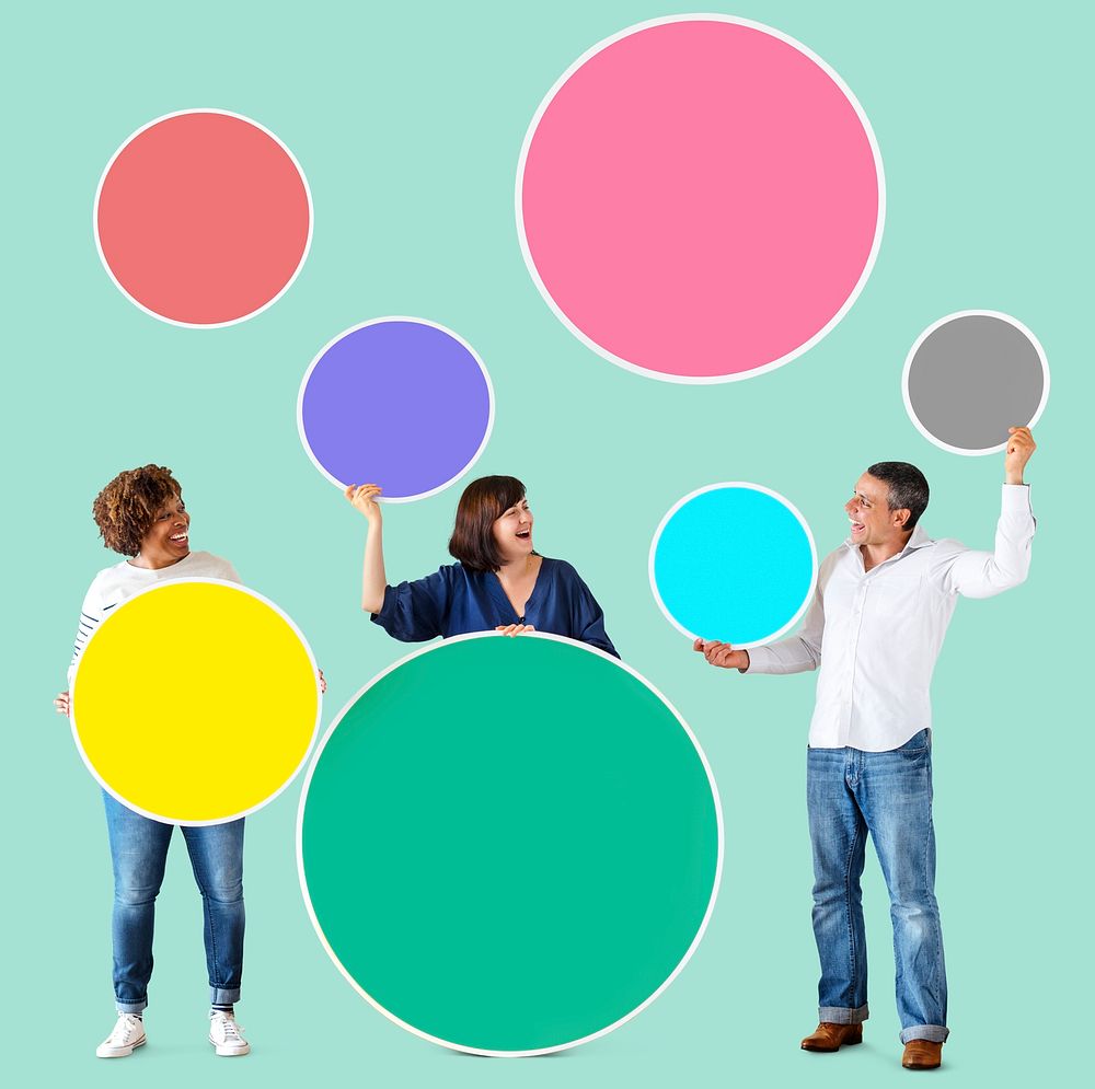 Diverse people holding colorful blank circles