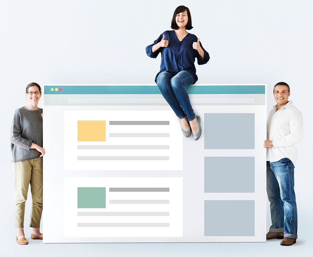 Diverse people with internet browser mockup