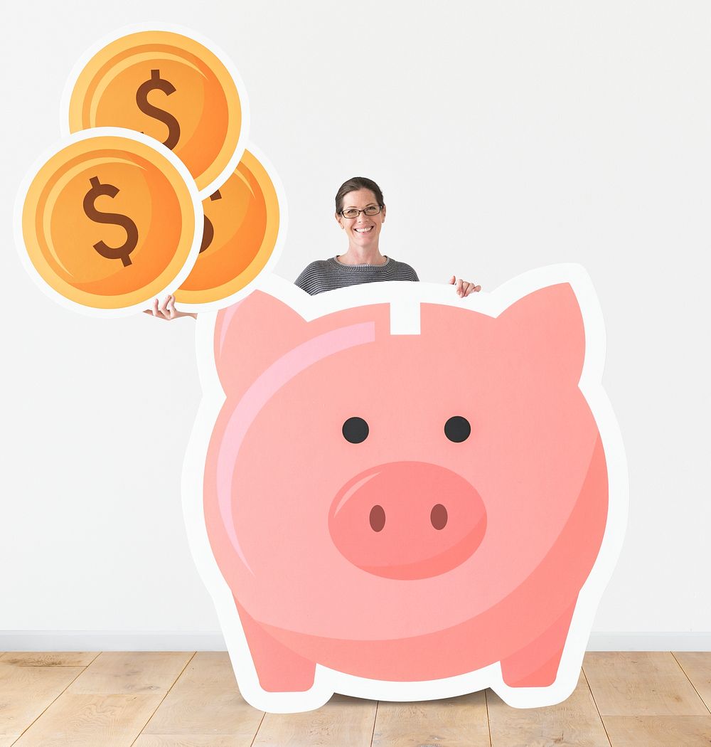 Woman with piggy bank mockup