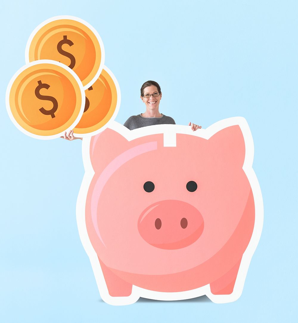 Woman with piggy bank mockup