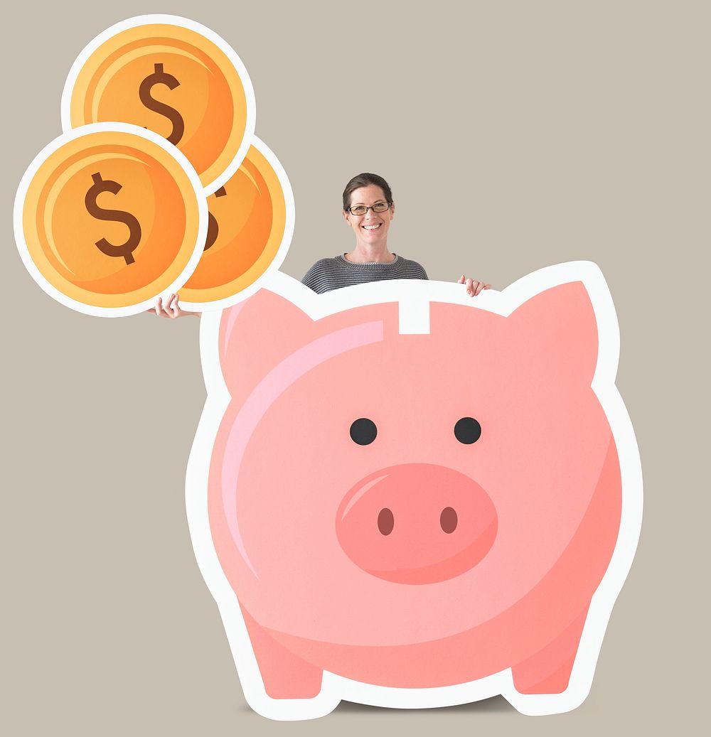 Woman with piggy bank mockup