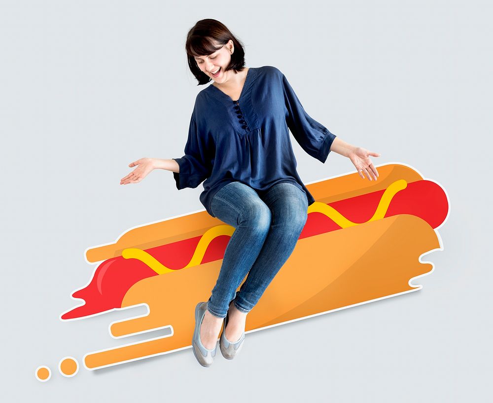 Woman sitting on an illustrated hot dog