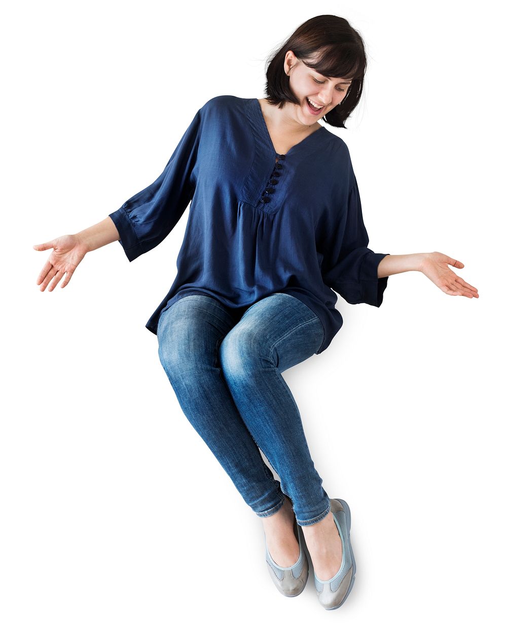Isolated happy and cheerful woman sitting