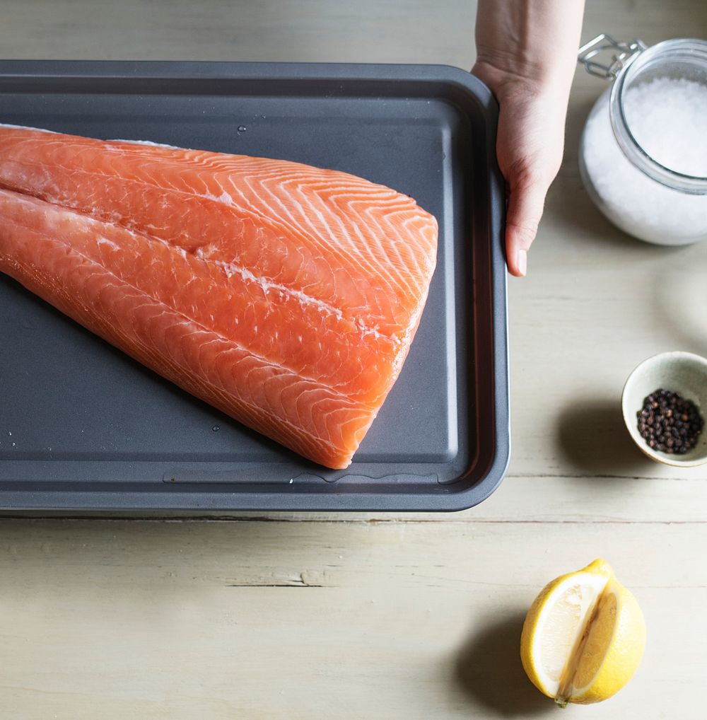Raw salmon on a tray food photography recipe idea