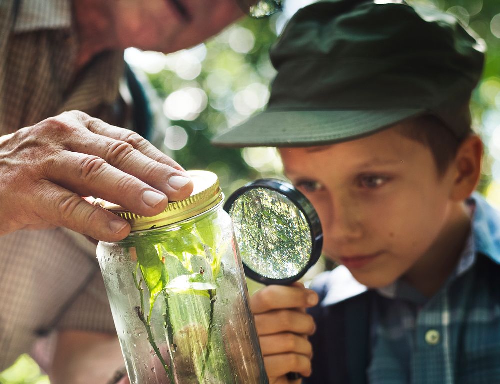 Boy examining a plant with a magnifying glass