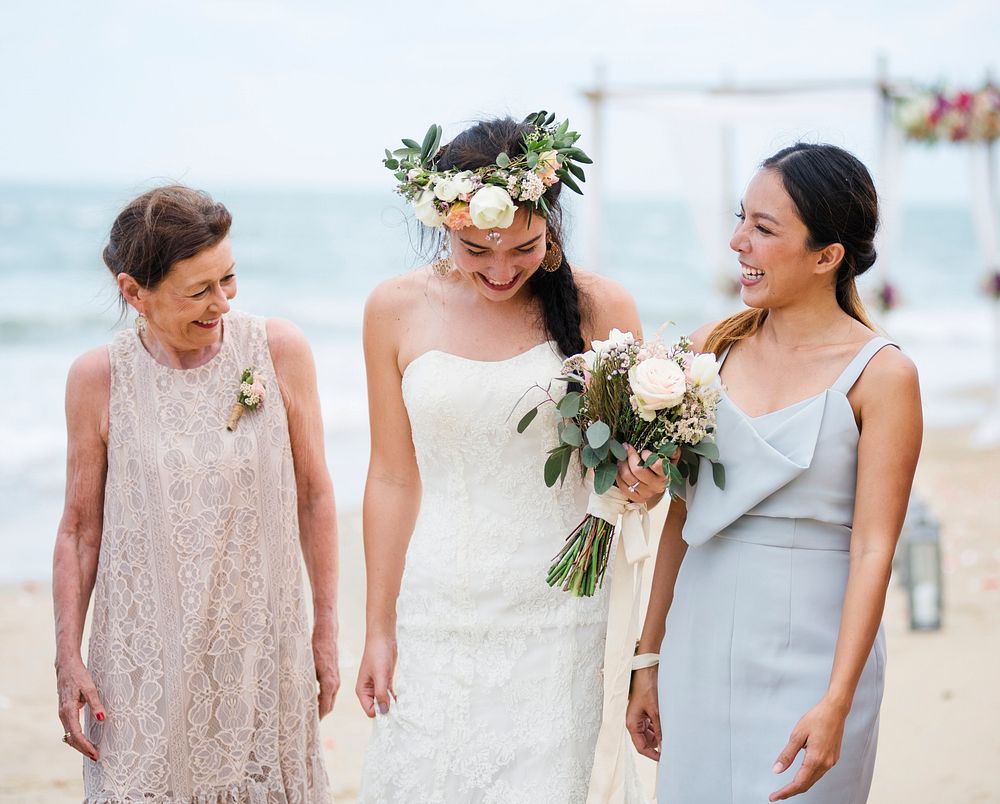 Happy bride and guests at her wedding