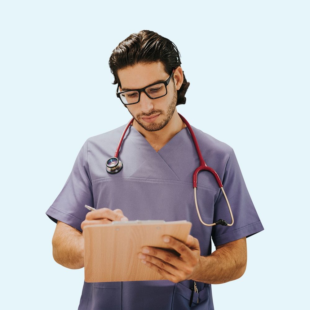 Covid-19 medical hero writing on a clipboard isolated on blue background