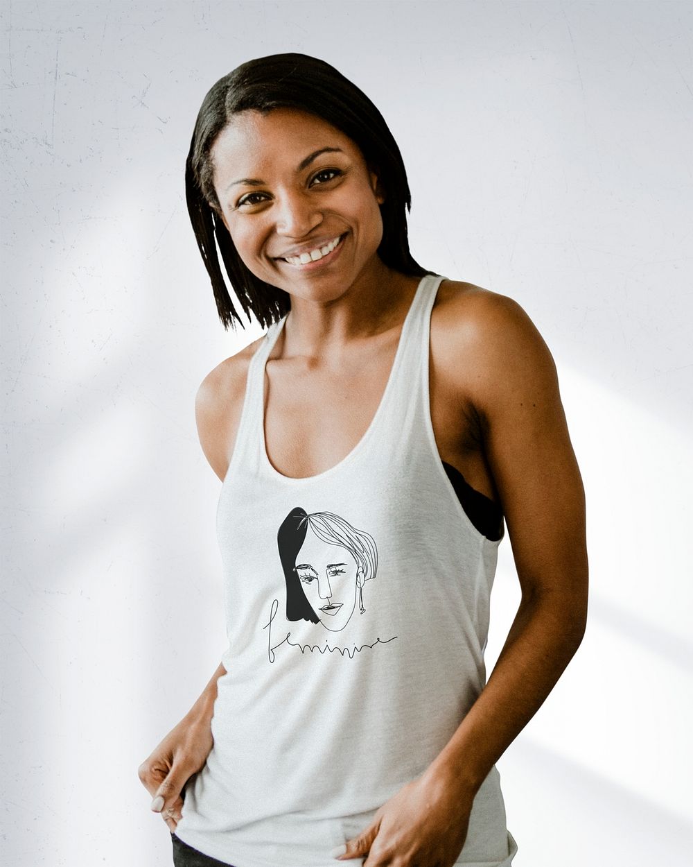 Cheerful black woman in a white tank mockup