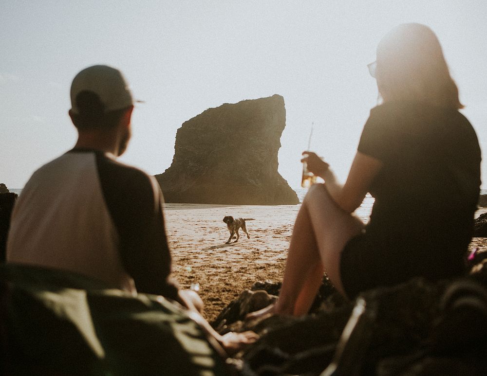 Friends enjoying at the beach with a dog