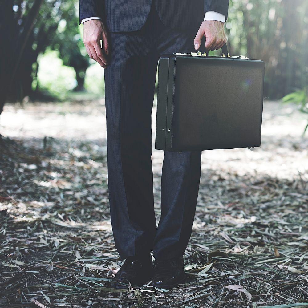 Businessman holding a suitcase in nature
