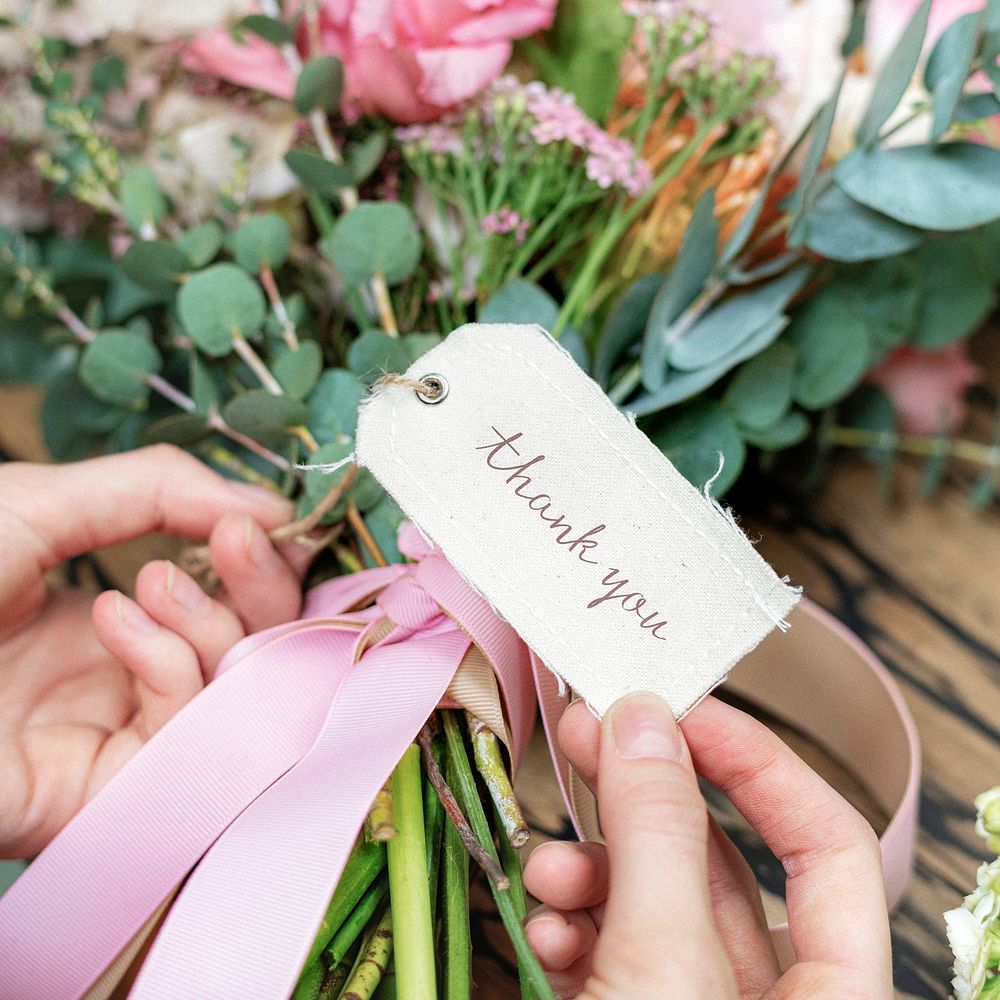 Beautiful bouquet with a thank you label mockup