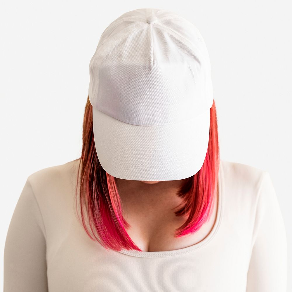 Women's white cap psd mockup street style