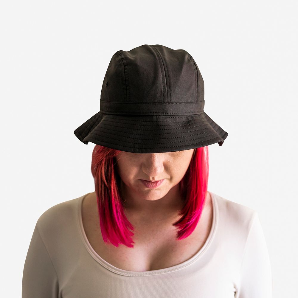 Woman in a gray bucket hat apparel mockup
