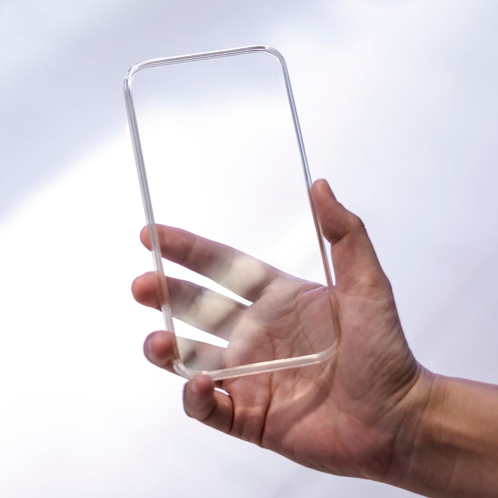 Future tech phone screen mockup transparent shell psd
