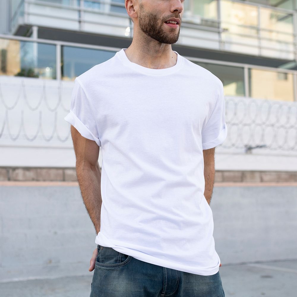 Minimal white t-shirt mockup psd men&rsquo;s fashion apparel outdoor shoot