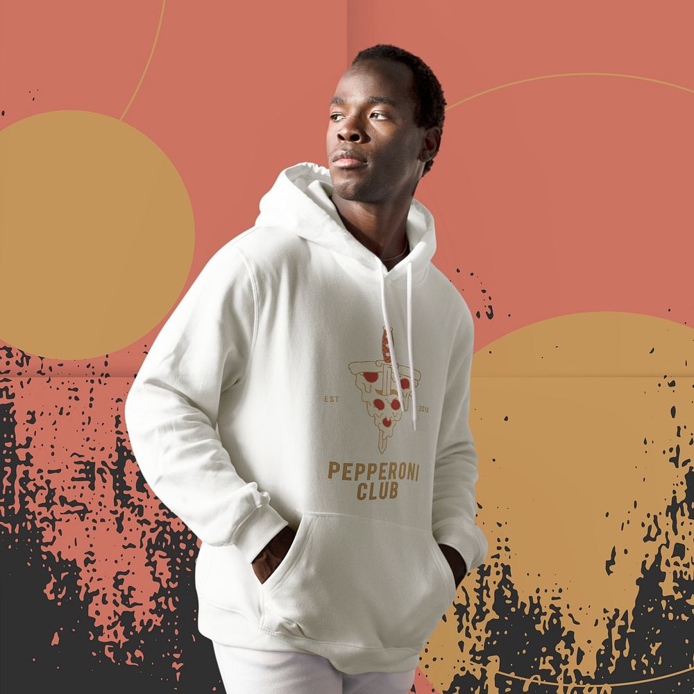 Printed white hoodie in pepperoni club men&rsquo;s apparel fashion shoot