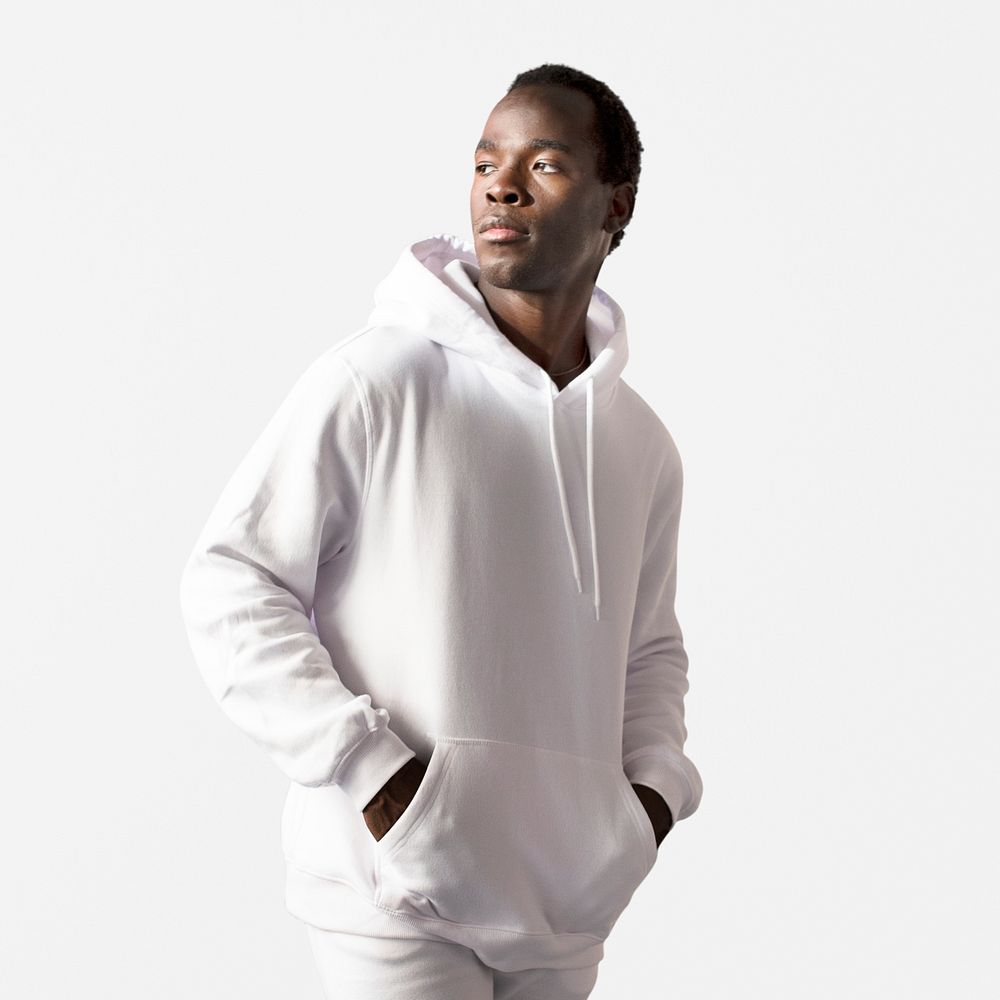 Man in white hoodie and sweatpants men&rsquo;s fashion apparel shoot