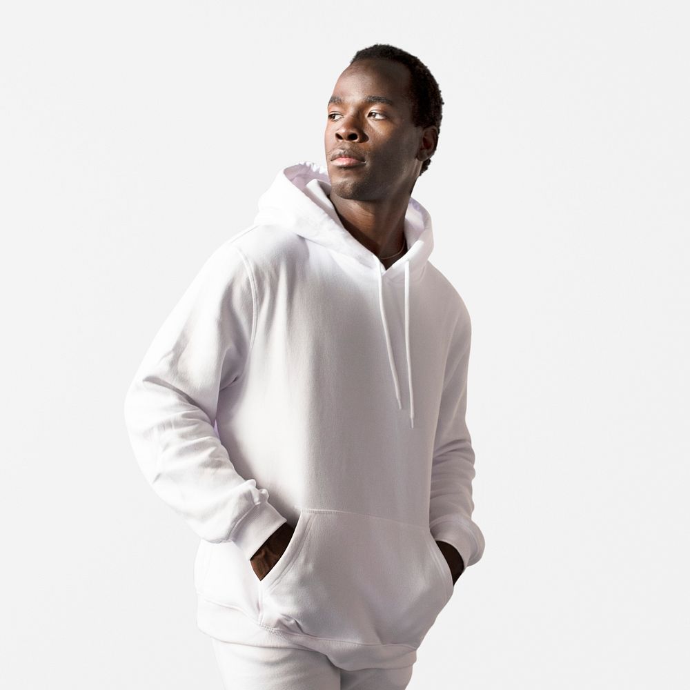 Man in white hoodie and sweatpants men’s fashion apparel shoot