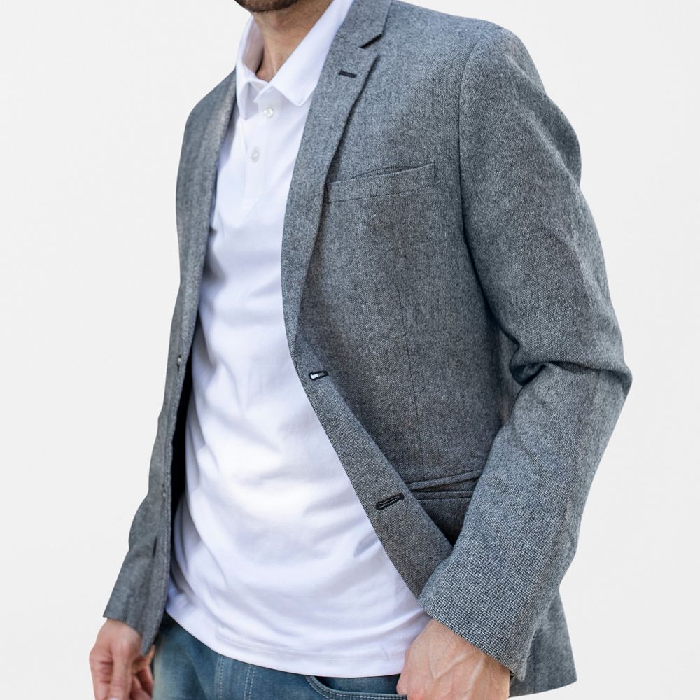 Simple polo shirt mockup psd man wearing suit business look photoshoot