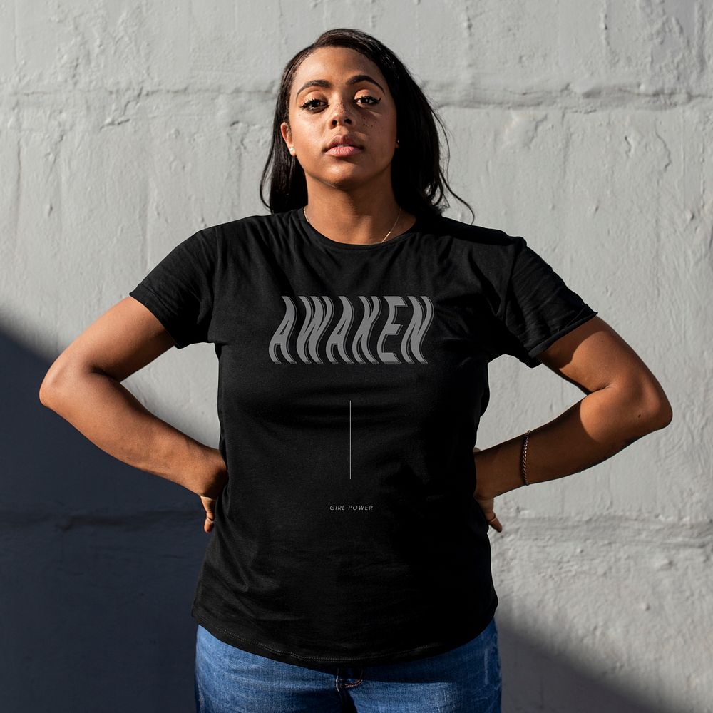 Awaken t-shirt mockup psd black women&rsquo;s simple streetwear outdoor shoot