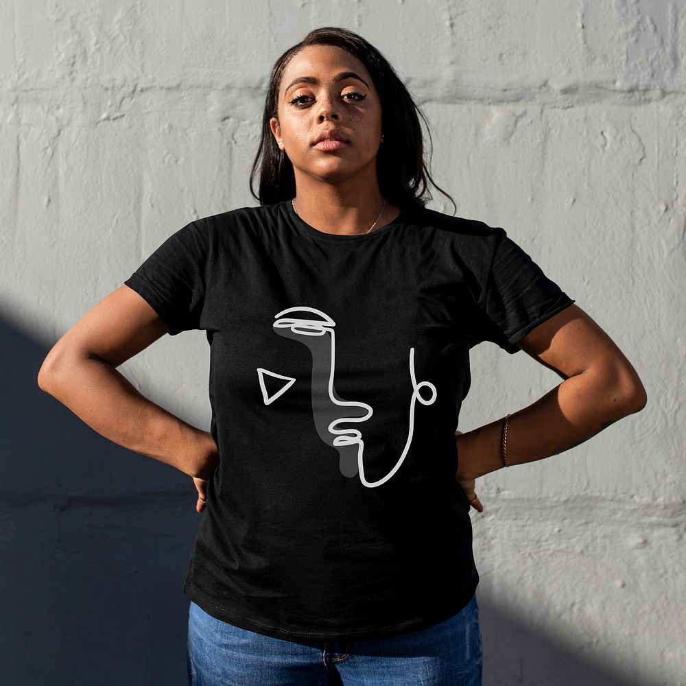 Printed black t-shirt mockup psd abstract illustration plus size womenswear