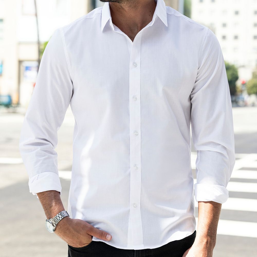 Business casual shirt mockup psd white closeup outdoor photoshoot