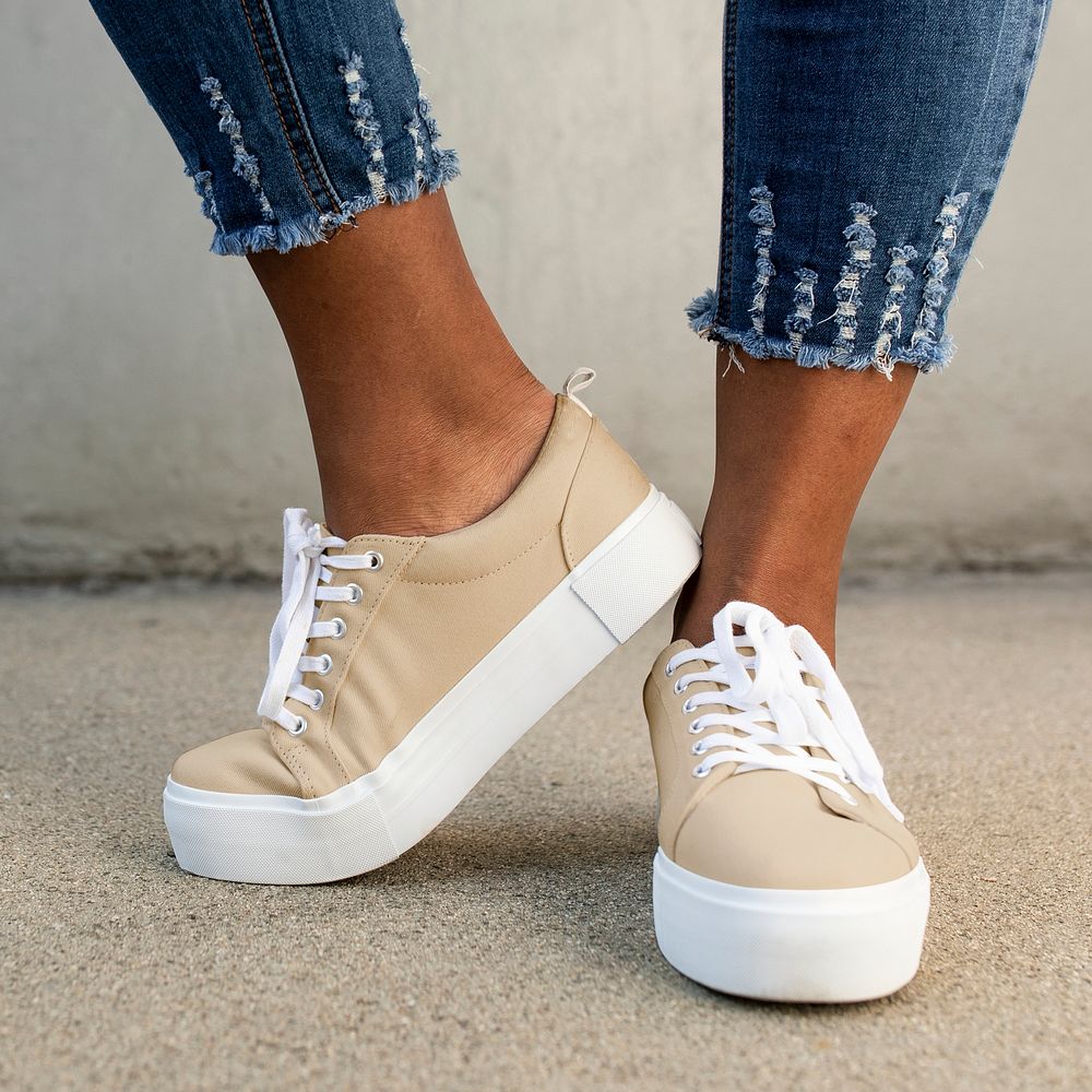 Beige canvas sneakers mockup psd women&rsquo;s shoes apparel shoot