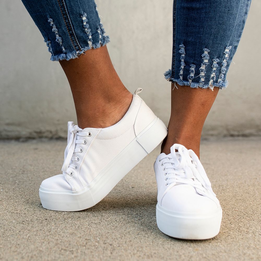 White canvas sneakers mockup file women’s shoes apparel shoot