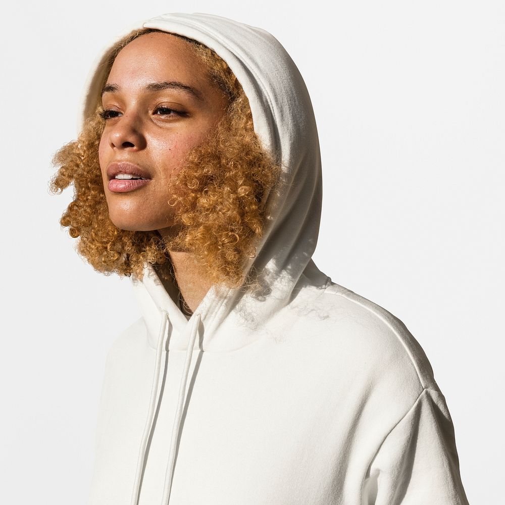 Women&rsquo;s white hoodie psd mockup studio apparel photoshoot
